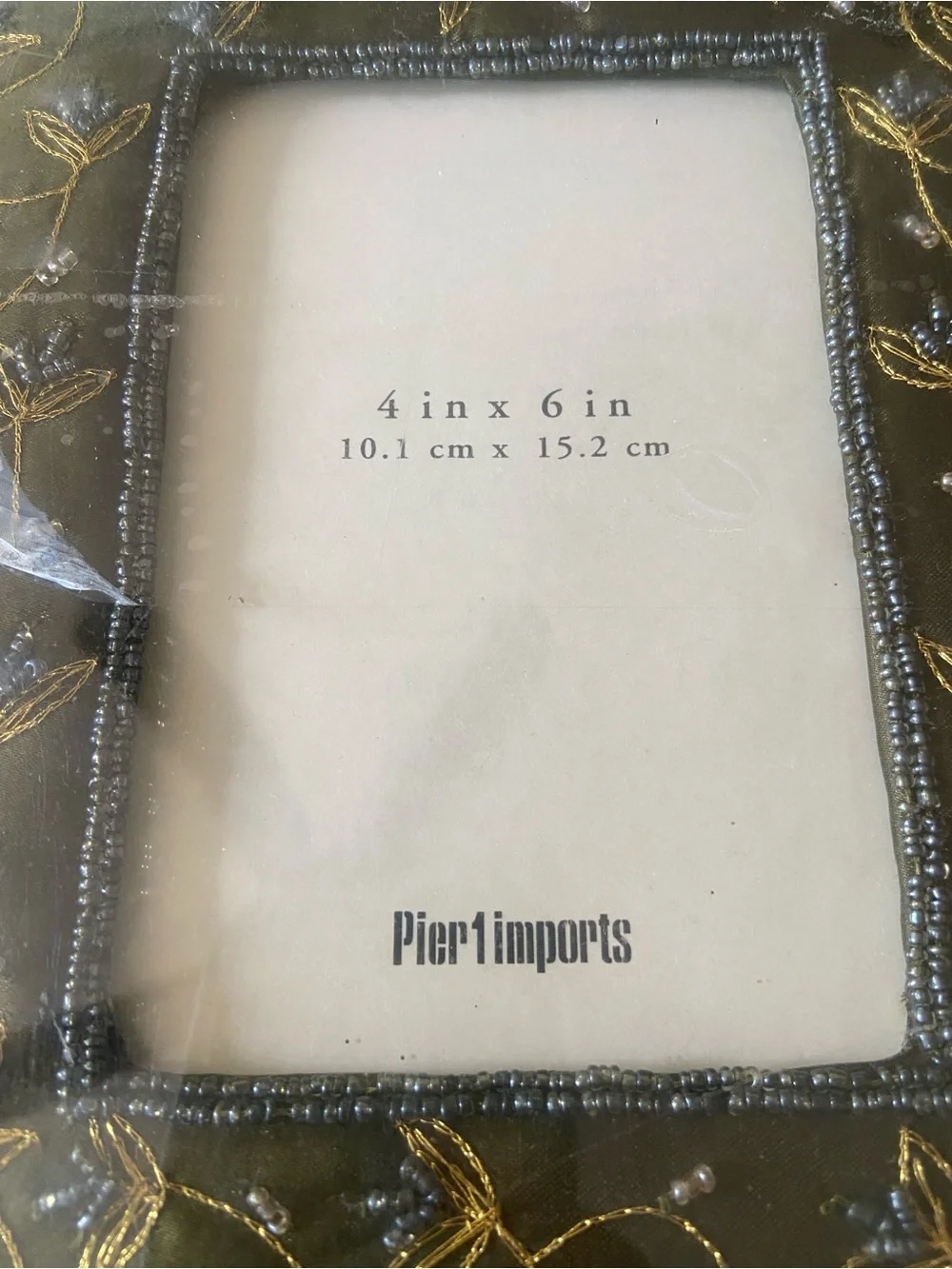 Pier 1 Olive Green Embroidered Beaded Photo Frame- 4in x 6in